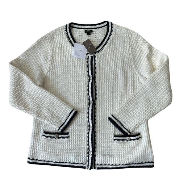 J. Jill Wearever Sweater Cardigan Women's Large Textured Contrast Trim NWT‎ Knit